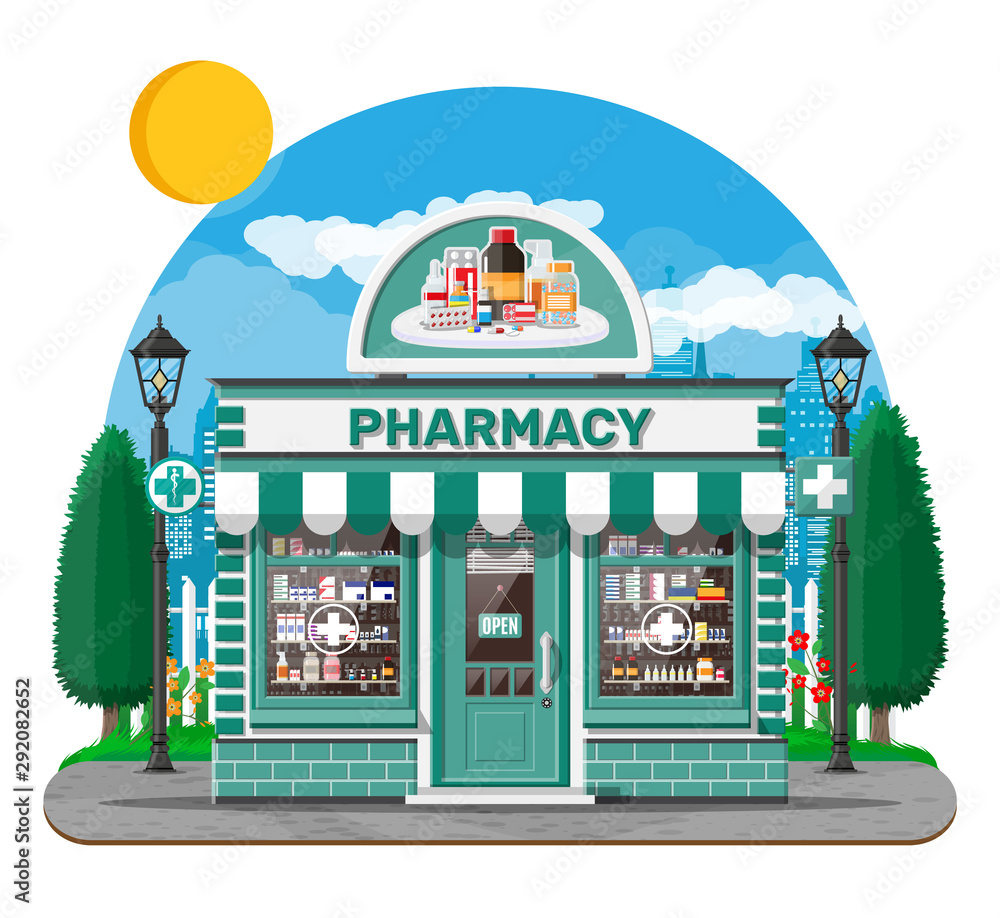 Facade pharmacy store with signboard. Exterior of drugstore. Medicine pills capsules bottles vitamins and tablets on showcase. Storefront shop building, nature cityscape. Flat vector illustration