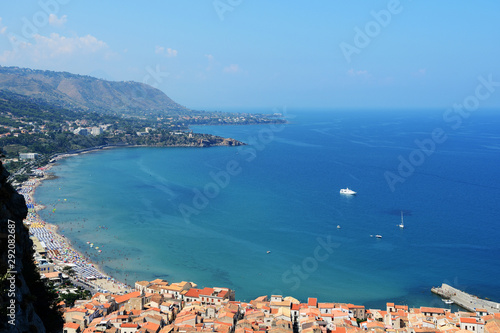 Aerial view of Cefalu town from the rock of Rocca di Cefalu. Sicily, Italy