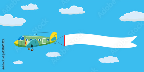 Red retro biplane aircraft pulling advertisement banner