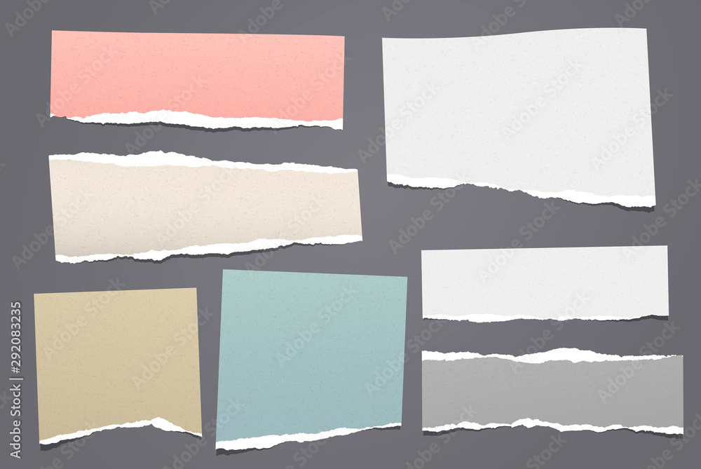Torn white and colorful note, notebook paper pieces stuck on dark grey background. Vector illustration