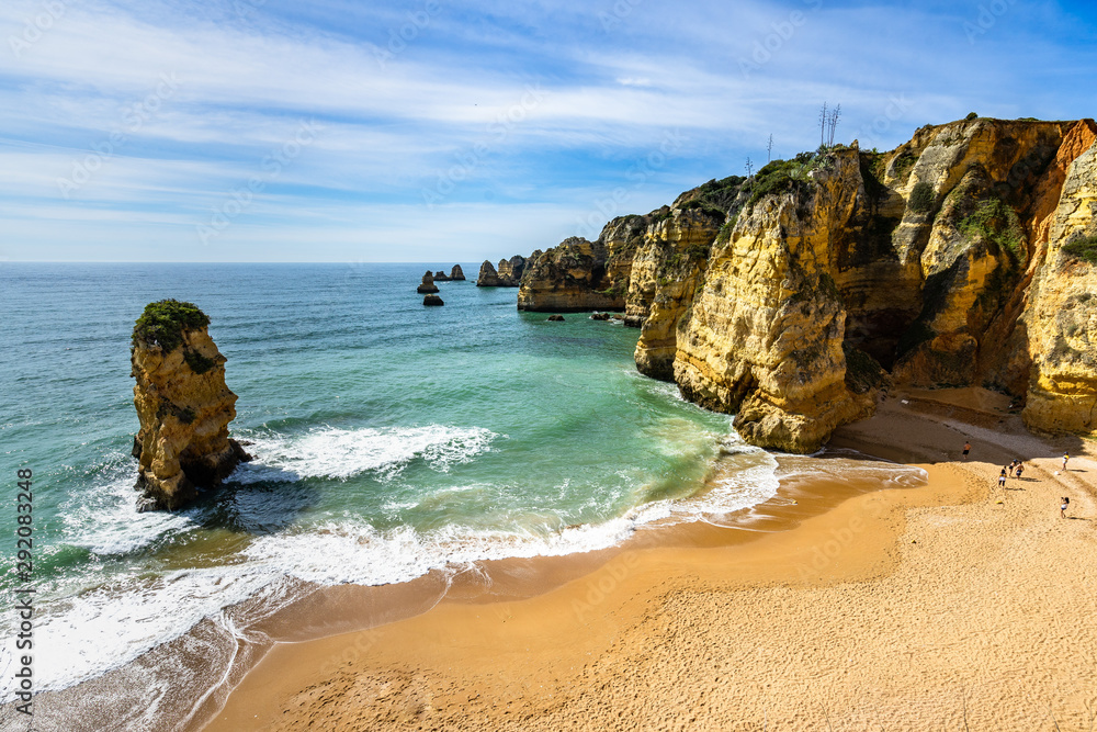 Panoramic view from cliffs of Praia dos Estudiantes (Student Beach), one of the finest beach near Lagos, Algarve, Portugal