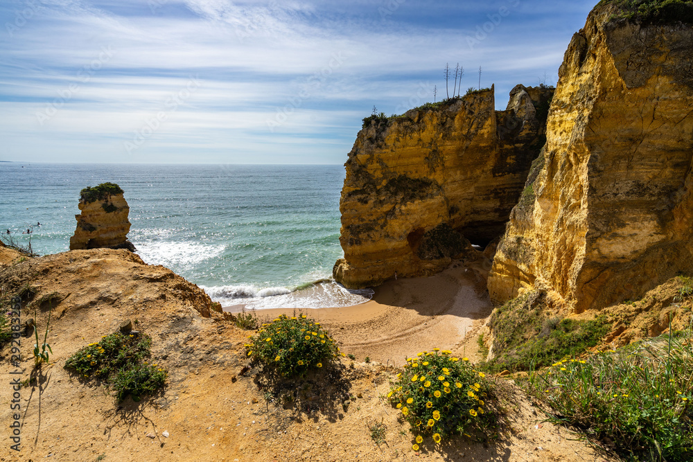 Panoramic view from cliffs of Praia dos Estudiantes (Student Beach), one of the finest beach near Lagos, Algarve, Portugal