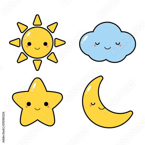 Set of cute weather element icons, including sun, cloud, star and moon.