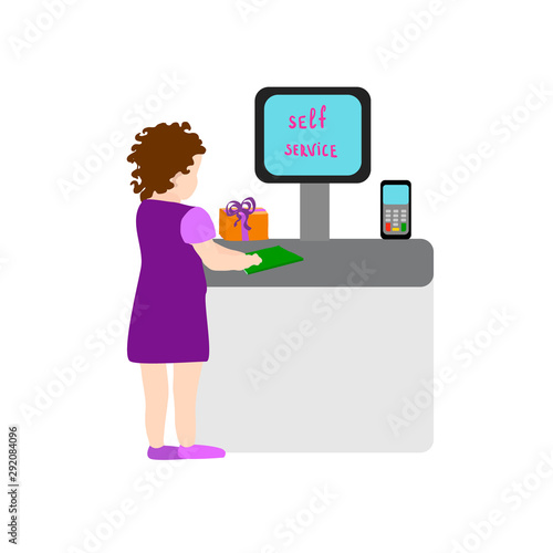 Little girl using self check out computer