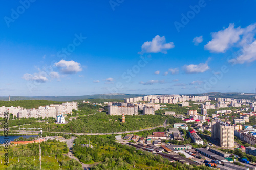 Murmansk, Russia - July 1, 2019: Aerial view panorama of city and northern port Kola Peninsula