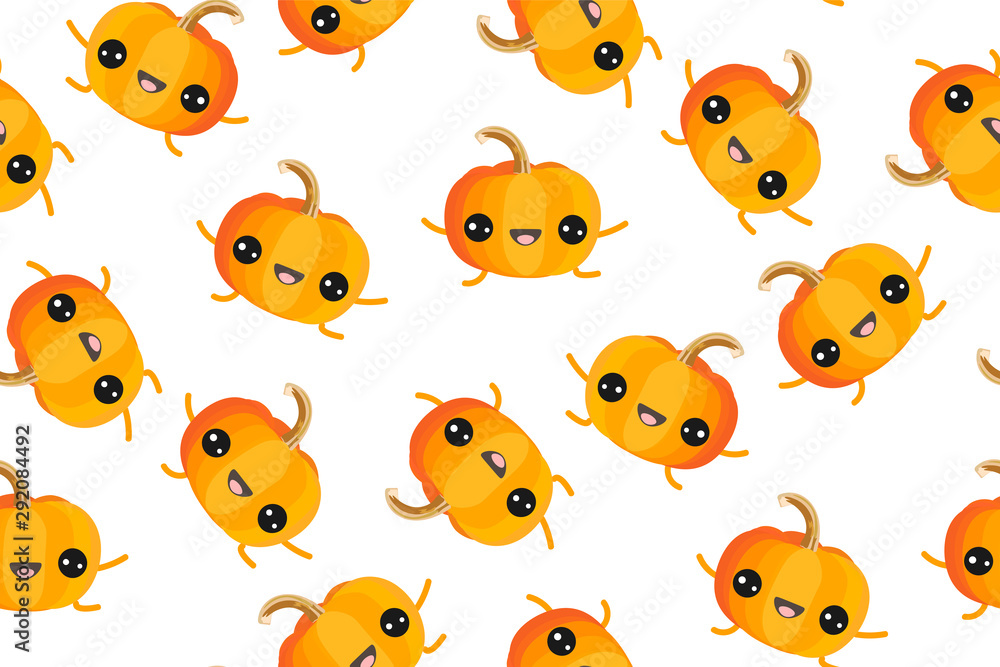 Seamless vector pattern. Cute funny pumpkins on white background. Vegetable collection. Joyful pumpkin print. Halloween. Fashionable flat design. Background, Wallpaper in kawaii style. Seamless vector pattern. Cute funny pumpkins on white background. Vegetable collection. Joyful pumpkin print. Halloween. Fashionable flat design. Background, Wallpaper in kawaii style.