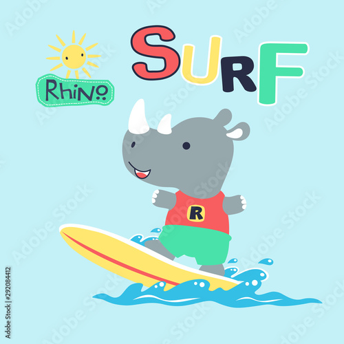 vector cartoon of little rhino surfing