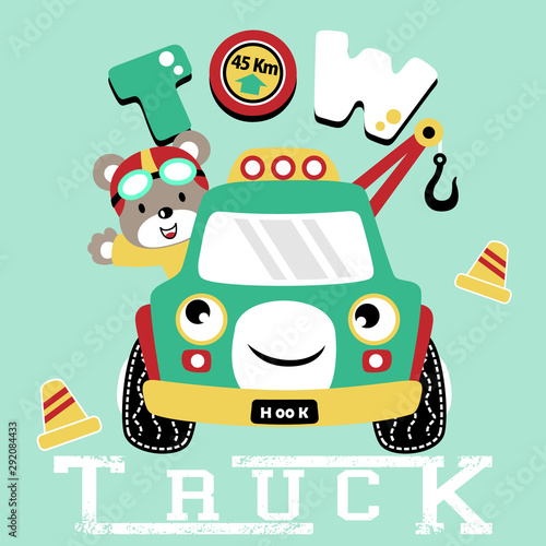 vector cartoon of tow truck with bear the funny driver