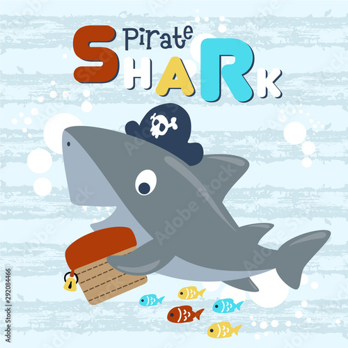 vector cartoon of pirate shark with treasure chest, colorful fishes on cracked striped background