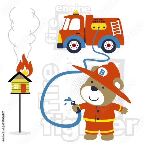vector cartoon of funny fireman with fire truck in a duty