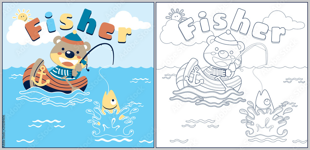 Obraz premium Bear fishing cartoon, coloring page or book