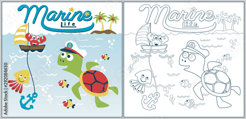 funny marine life cartoon vector, coloring page or book