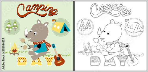 camping day cartoon with rhino, coloring page or book