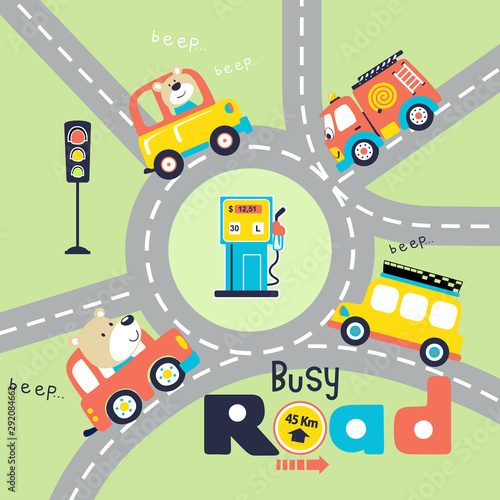 vector cartoon of road traffic with funny drivers, gas station.