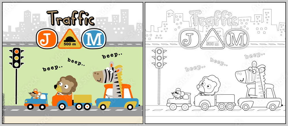 Animals cartoon on car intraffic jam car, coloring book or page