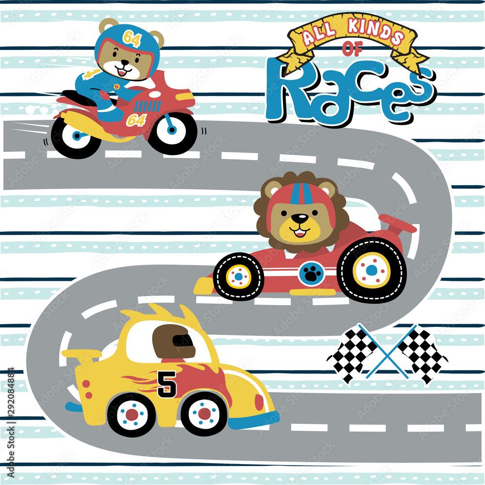 Fototapeta vector cartoon of all kinds of races, with funny animals racer