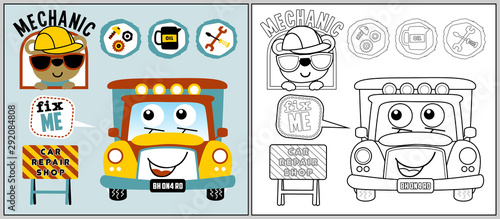 car with funny mechanic cartoon, coloring book or page