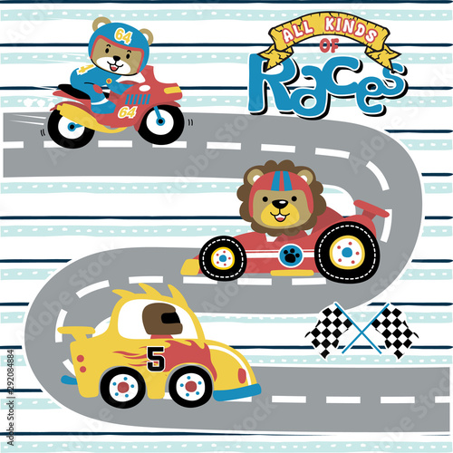 vector cartoon of all kinds of races, with funny animals racer
