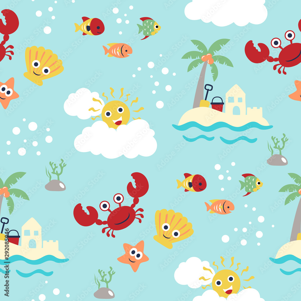 seamless pattern with marine life cartoon, beach summer holiday theme set