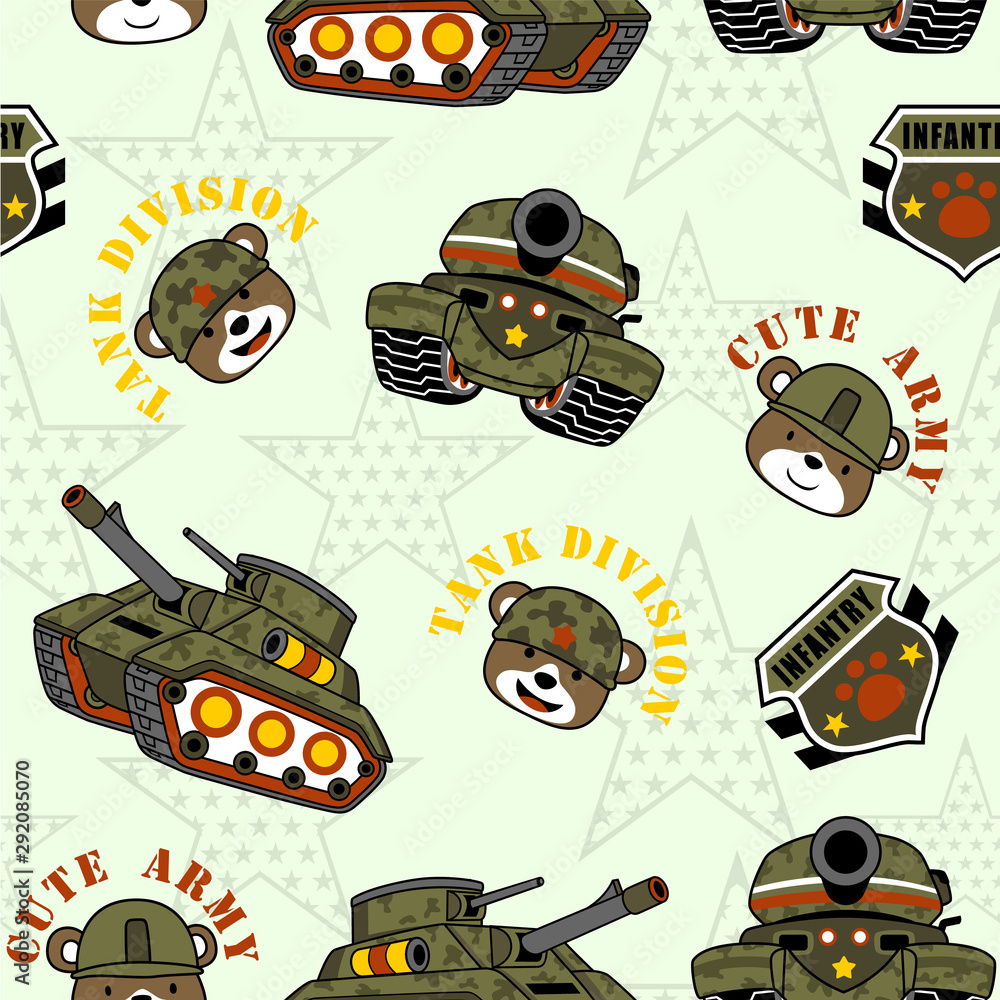 seamless pattern of armored vehicles cartoon with funny soldiers