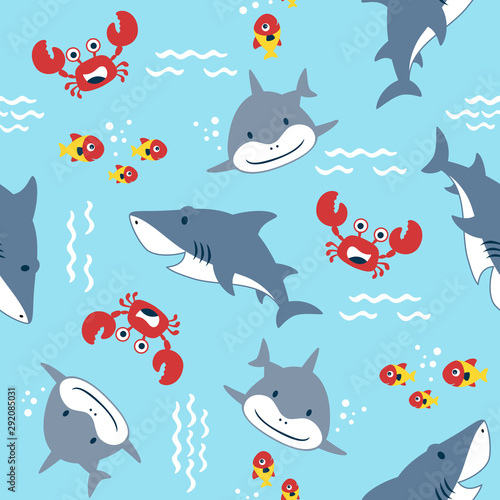 vector seamless pattern with marine animals cartoon, shark, crab, fish