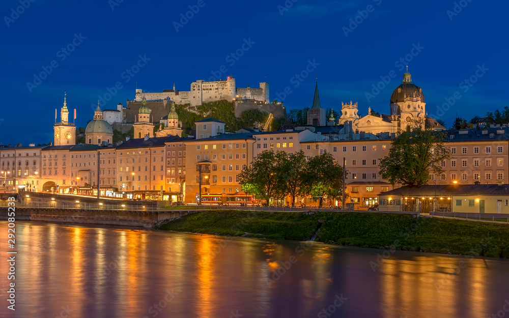 Salzburg Night cityscape with castle