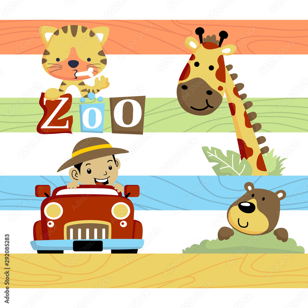 cartoon of a boy on car with cute animals, tiger, giraffe, bear Stock  Vector | Adobe Stock