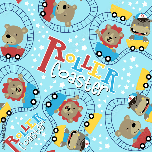 seamless pattern with animals cartoon on roller coaster, lion, hippo, bear