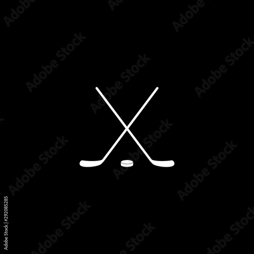 Vector crossed hockey sticks and puck icon illustrtion white on black