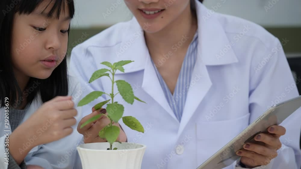 Asian teacher teaching little girl about agricultural in the classroom. Little girl extract chlorophyll with green plant in smart farming together. Concept of education, agricultural and technology. Asian teacher teaching little girl about agricultural in the classroom. Little girl extract chlorophyll with green plant in smart farming together. Concept of education, agricultural and technology.