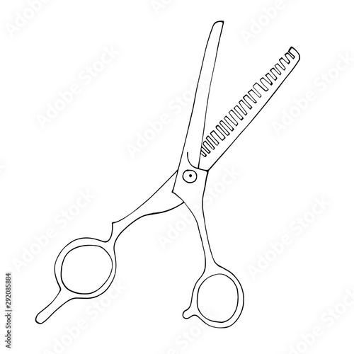 Scissors for thinning out hair. Hand-drawn in monochrome on a white background.