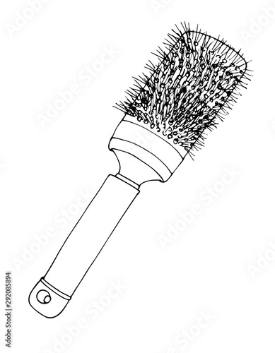 Round metal hairbrush, hand-drawn. Monochrome colors on white background.