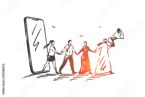 Leadership, teamwork and networking concept sketch. Hand drawn isolated vector