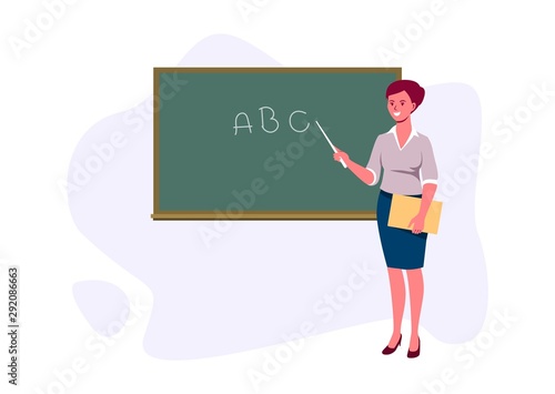 Teacher with pointer shows on the blackboard. A young girl with a pointer and a folder in her hand stands near the blackboard. Flat vector illustration isolated on white background.
