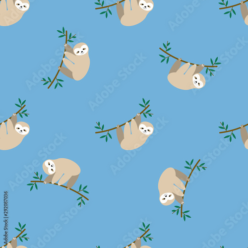 Vector cute sloth on tree. Seamless pattern with funny sloth  leaves  branch. Adorable animal background