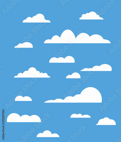 Blue sky, clouds in flat style. Vector design element for logo, web and print. Cloud icon, cloud shape. Many different clouds. Collection cloud icon, shape, label, symbol. Vector graphic element.