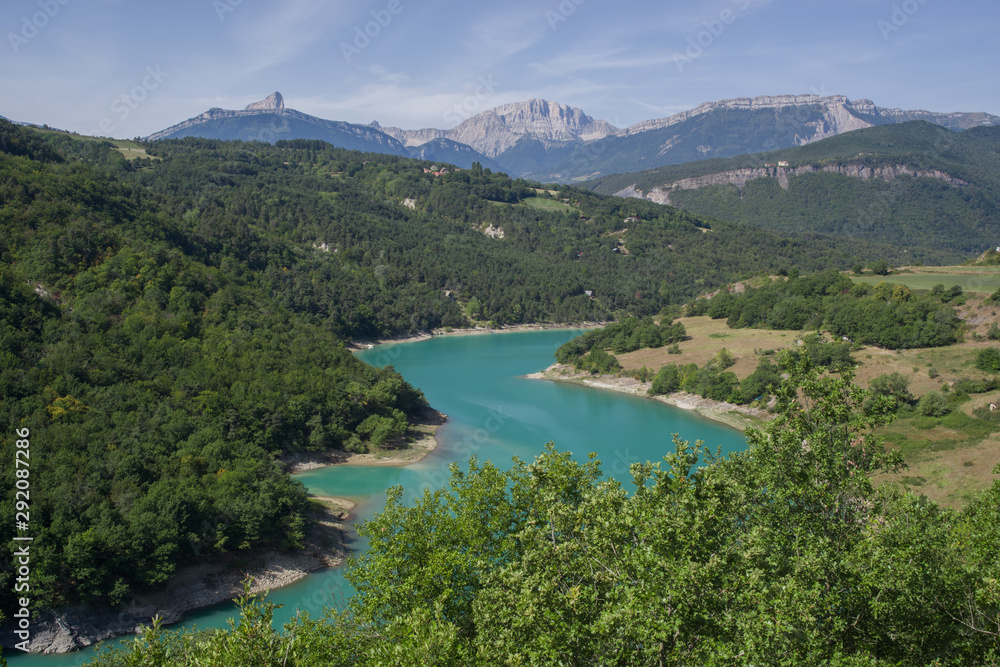 Image of Monteynard Lake and mountains in the background, Isère, France.
