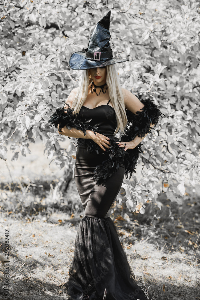 Naklejka premium Halloween concept, elegant witch in black dress and hat, costume and ideas on a holidays 