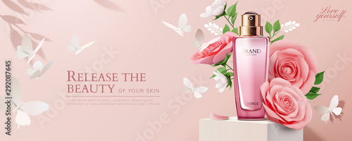 Pink cosmetic ads with paper roses
