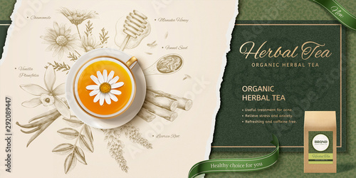 Engraving style herbal tea ads photo