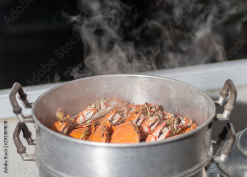Crab Cooked steamer food on steaming pot seafood in kitchen