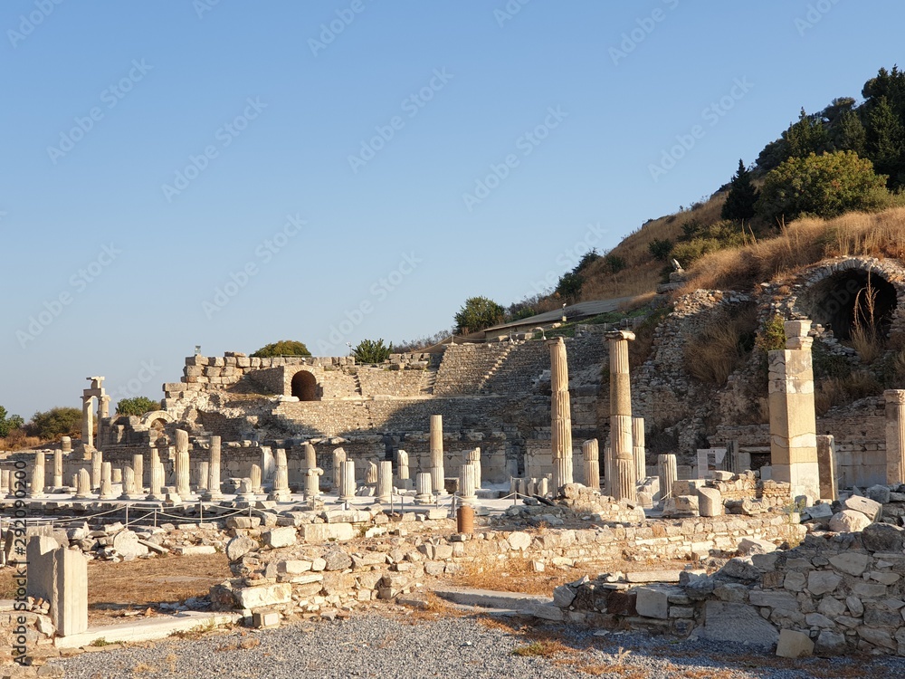 The ruins of the ancient city of Ephesus on the background of Odeon Small Theatre 