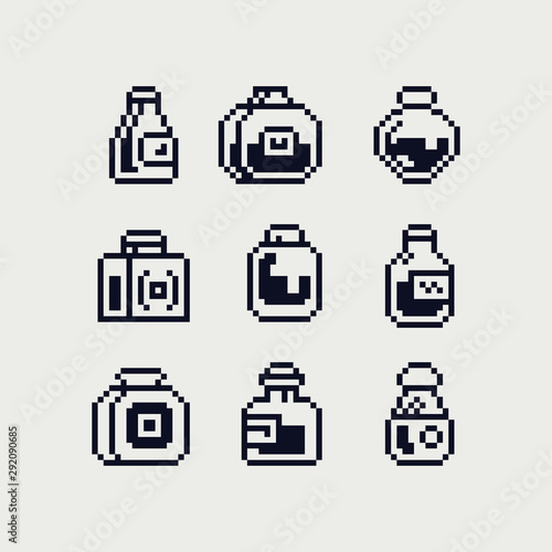 Various glass bottles of liquid, perfume and alcoholic beverages jare pixel art icon set isolated vector illustration. 1-bit sprite. Design for stickers, stamp, web, logo shop, mobile app. photo