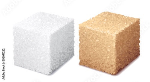 Vector realistic 3d white and brown sugar cubes isolated on white background