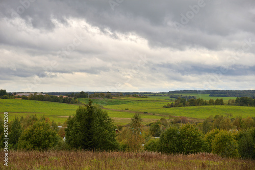Panorama of Klin-Dmitrovsky ridge with villages in autumn, Sergiev Posad district, Moscow region, Russia