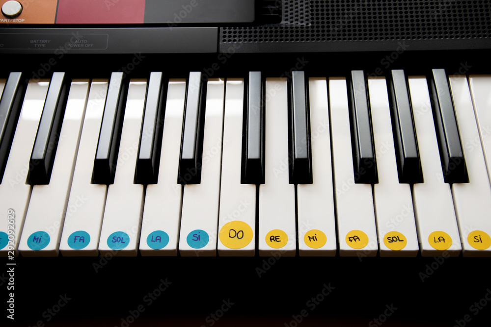 Teclas del piano indicando las notas musicales para el aprendizaje. foto de  Stock | Adobe Stock
