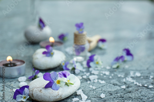 Gentle still life with violet pansies and props for spa treatments  white bath salt  burning candles and stones for a hot massage