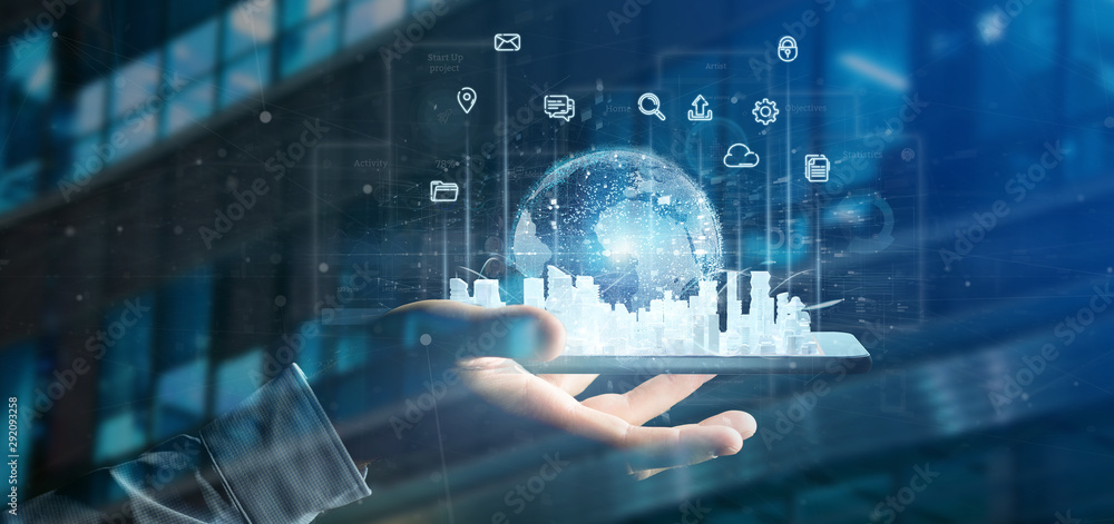 Businessman holding Smart city user interface with icon, stats and data 3d rendering Businessman holding Smart city user interface with icon, stats and data 3d rendering