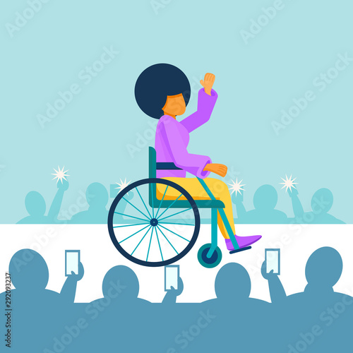 A young black African American girl with a disability in a wheelchair rides on the catwalk at a fashion show. A disabled person is a top model in a fashion house. Vector flat illustration