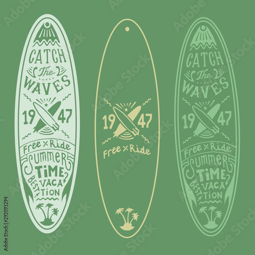vector surf board poster lettering logo hand drawing, print color green and yellow